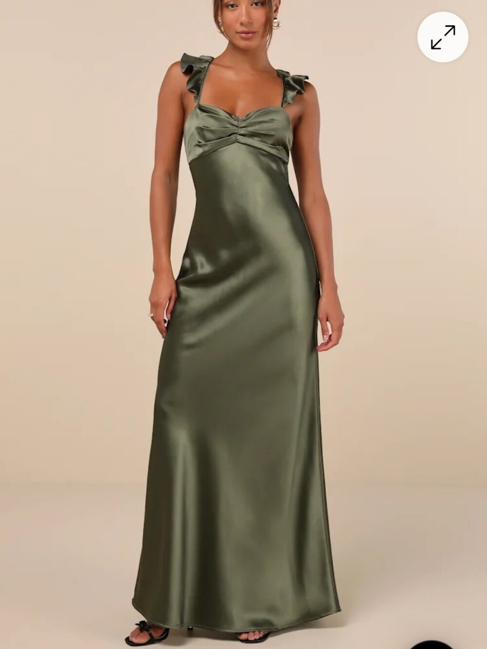 Lulus Olive Satin Ruffle-Strap Maxi Dress